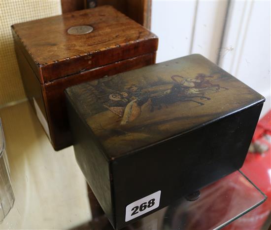 Russian papier mache tea caddy and a silver mounted georgian tea caddy